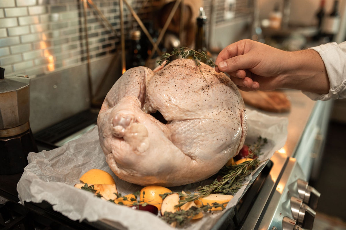 Whole uncooked turkey with fresh herbs in a roasting pan