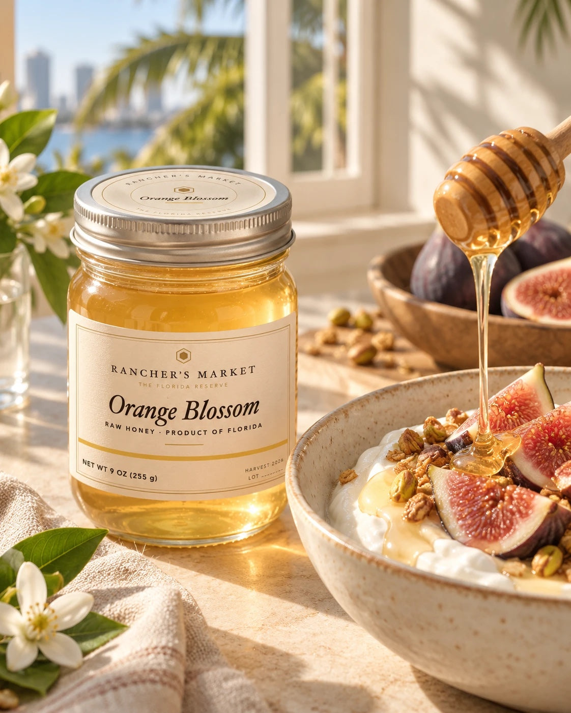 A jar of Rancher's Market raw orange blossom honey beside a bowl of yogurt with figs and a honey drizzle