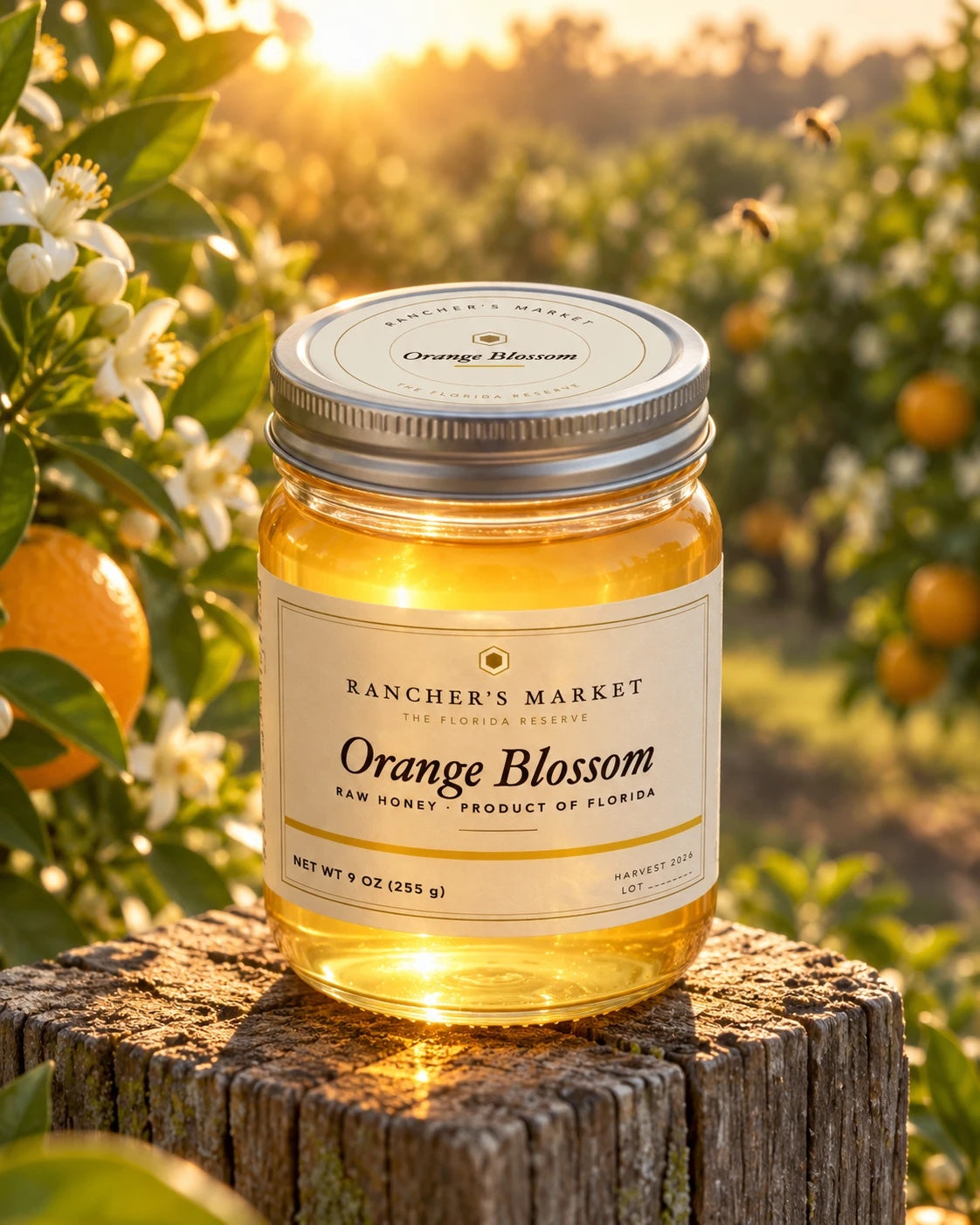 A jar of Rancher's Market raw orange blossom honey on a post in a blooming Florida orange grove