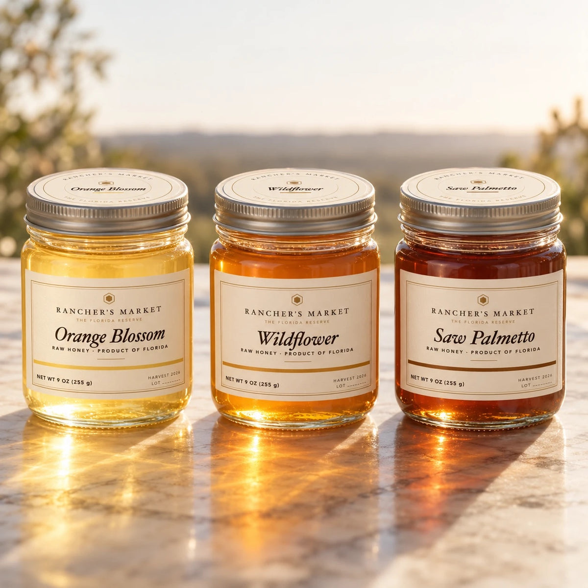 Three jars of Rancher's Market raw Florida honey, orange blossom, wildflower and saw palmetto, glowing in the sun on marble